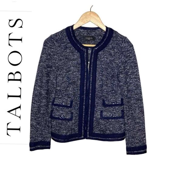 TALBOTS W Sz 4 Navy and White Tweed Braided Trim Jacket Chanel Style lady jacket - Picture 1 of 9